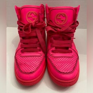 Gucci Men’s Leather High Top Coda Hot Pink Sneakers GG on Tongue Size EU 38 US 8